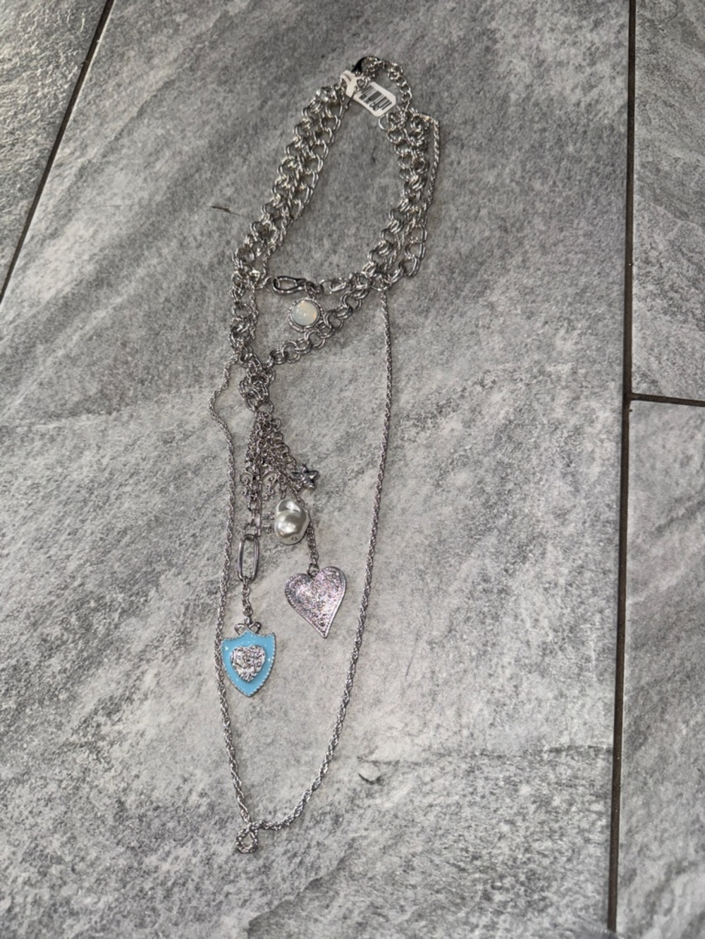 Free People Silver-Tone Layered Charm Necklace with Blue Shield and Pink Heart